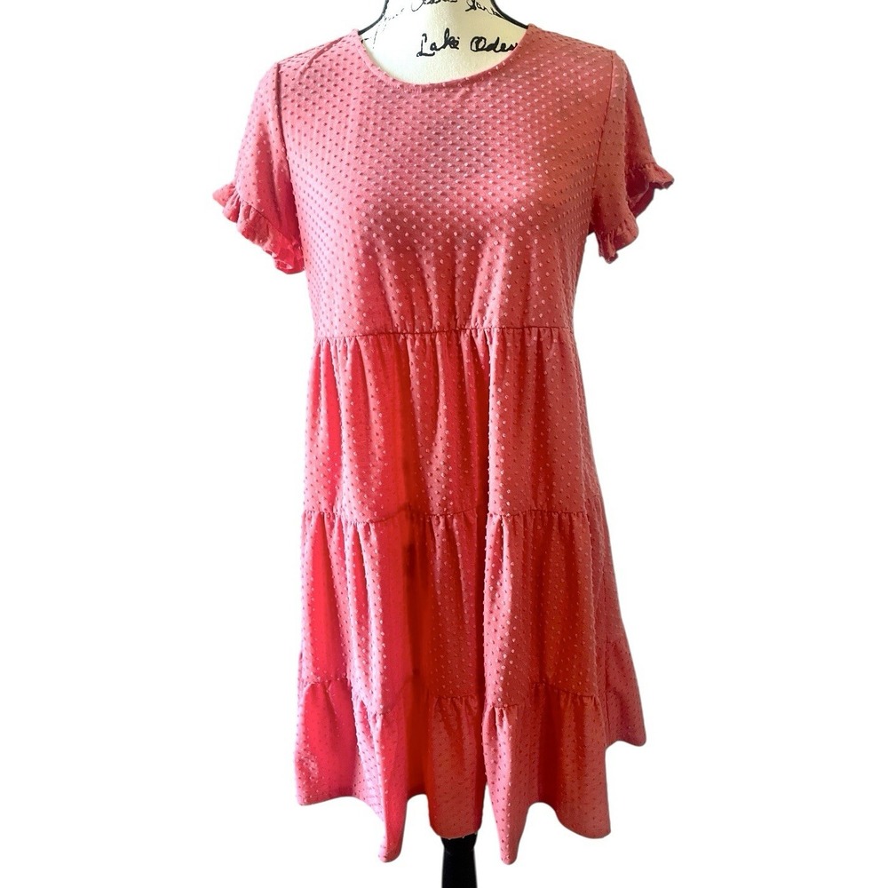Sugar + Lips Coral‎ Pink Swiss Dot Tiered Babydoll Dress Women's Small